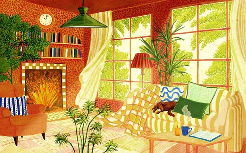 Ilustración colorida de una sala de estar de mediados de siglo por Rosanna Tasker