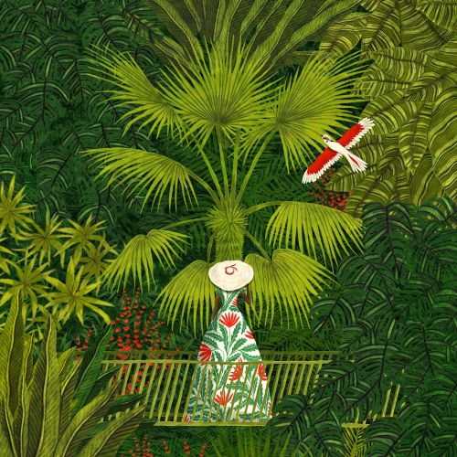 Rosanna Tasker illustration of a figure surrounded by tropical plants