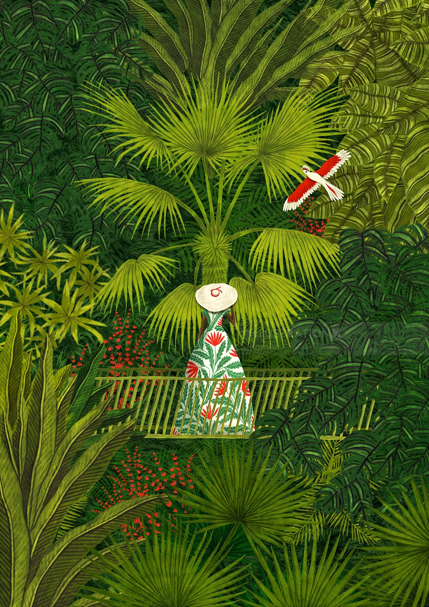Rosanna Tasker illustration of a figure surrounded by tropical plants
