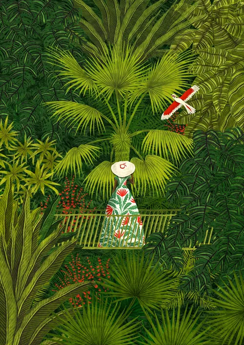 Ilustración del Rosanna Tasker de una figura rodeada de plantas tropicales.