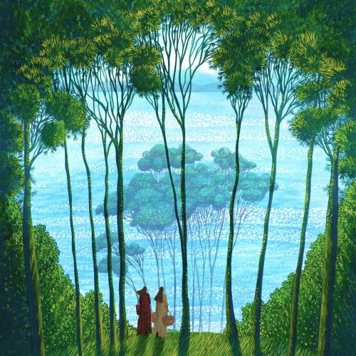 Rosanna Tasker painting of two figures walking through trees toward blue water