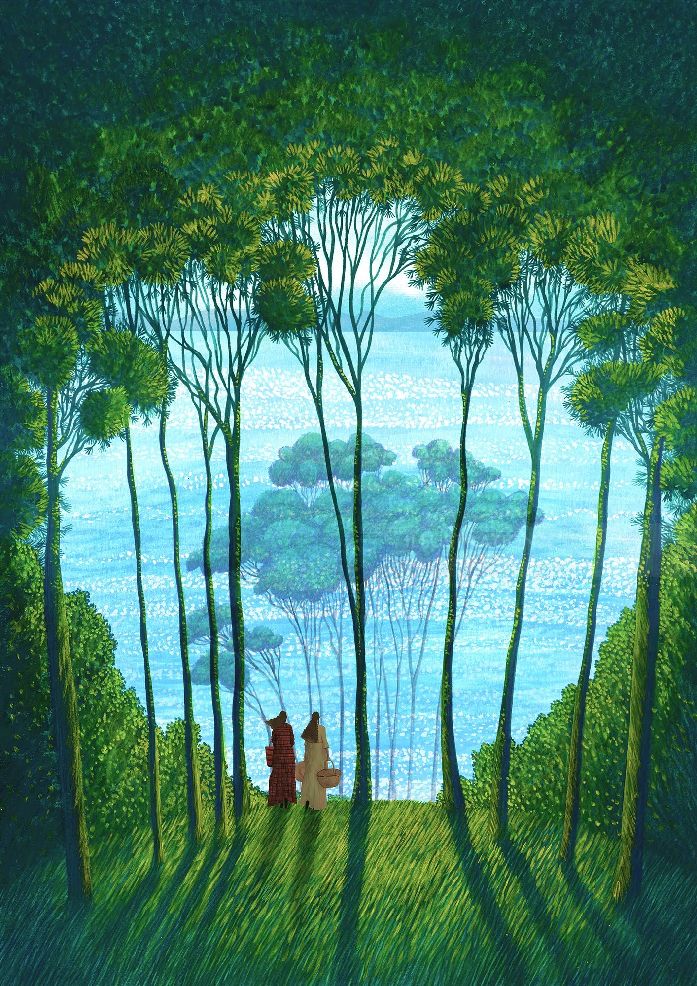 Rosanna Tasker painting of two figures walking through trees toward blue water