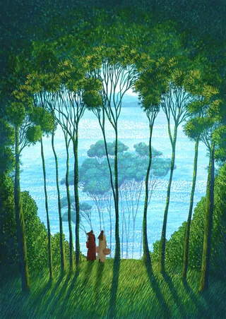 青い水面を見下ろす森の小道 | Illustration by Rosanna Tasker