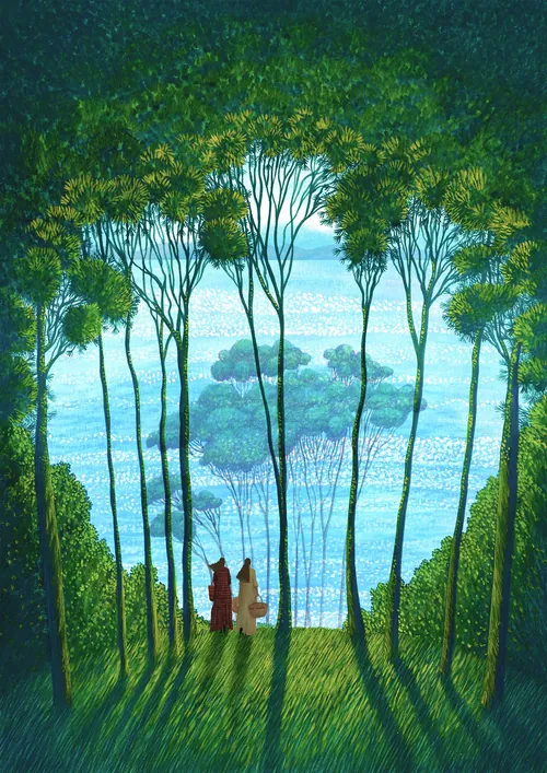 Rosanna Tasker pintura de dos figuras caminando entre árboles hacia aguas azules