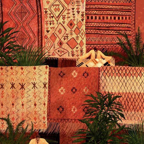Rosanna Tasker's colorful geometric textiles arranged with potted plants and a reclining figure.