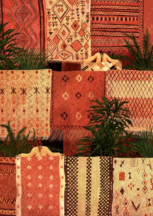 Los coloridos textiles geométricos del Rosanna Tasker están dispuestos con plantas en macetas y una figura reclinada.