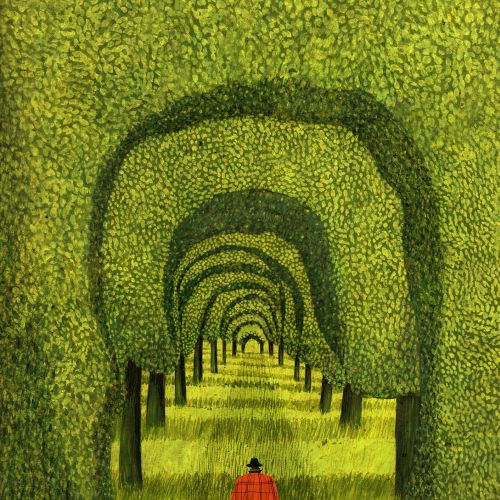 Rosanna Tasker's red-coated figure and dog walking through an arched hedge tunnel.