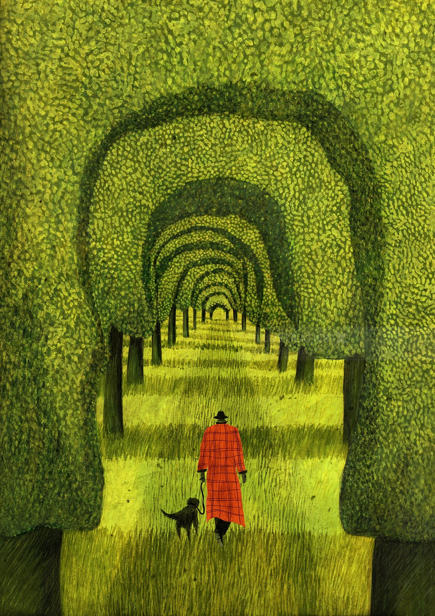 Rosanna Tasker's red-coated figure and dog walking through an arched hedge tunnel.