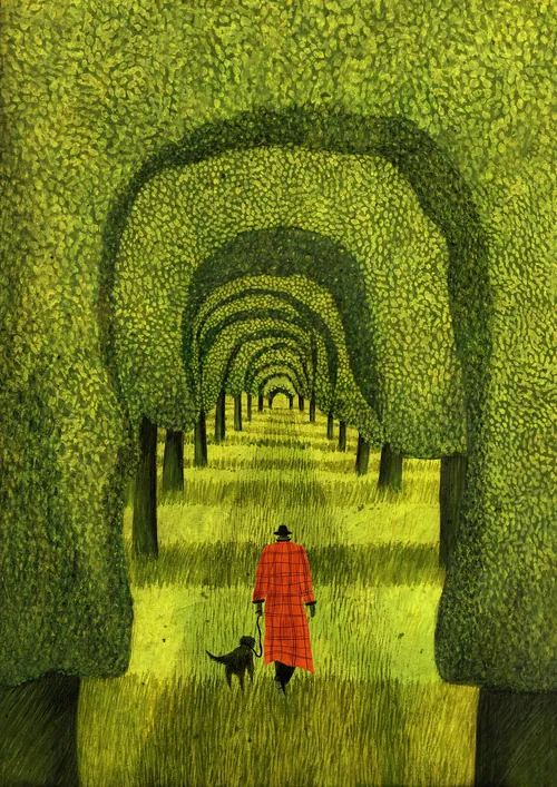 La figura de Rosanna Tasker, vestida con un abrigo rojo, y su perro caminan a través de un túnel de seto arqueado.