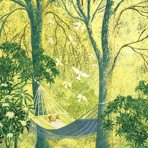 Rosanna Tasker illustration of a hammock among trees and lush flowering foliage
