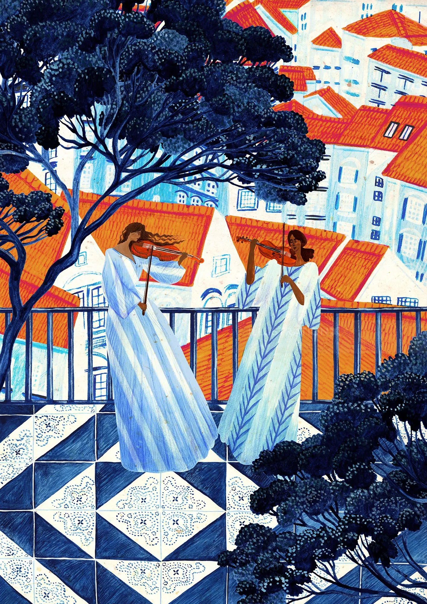 Ilustração de Rosanna Tasker de duas mulheres em um terraço ladrilhado entre árvores