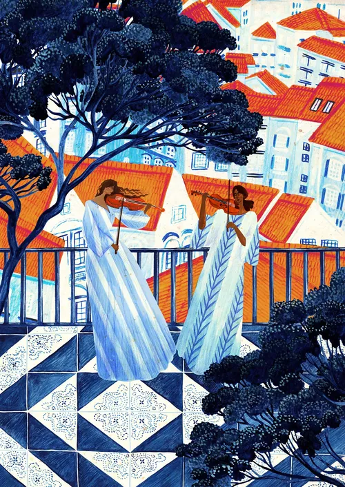 Ilustración de Rosanna Tasker de dos mujeres en una terraza embaldosada entre árboles.