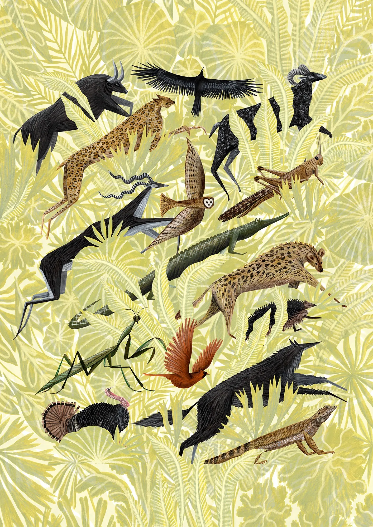 Rosanna Tasker illustration of giraffes, birds, insects, and tropical foliage