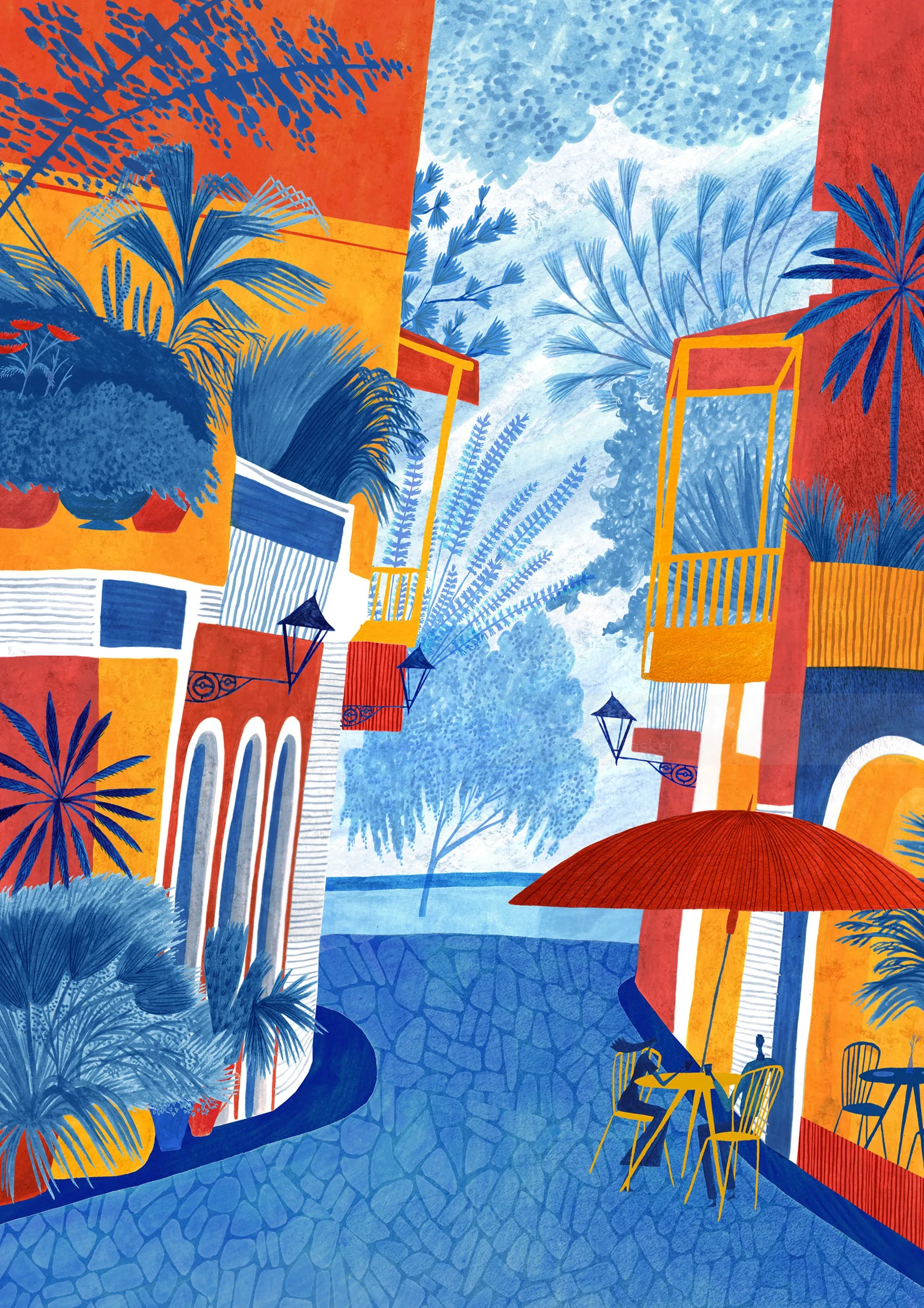 Colorful Puerto Rico coastal street illustration by Rosanna Tasker