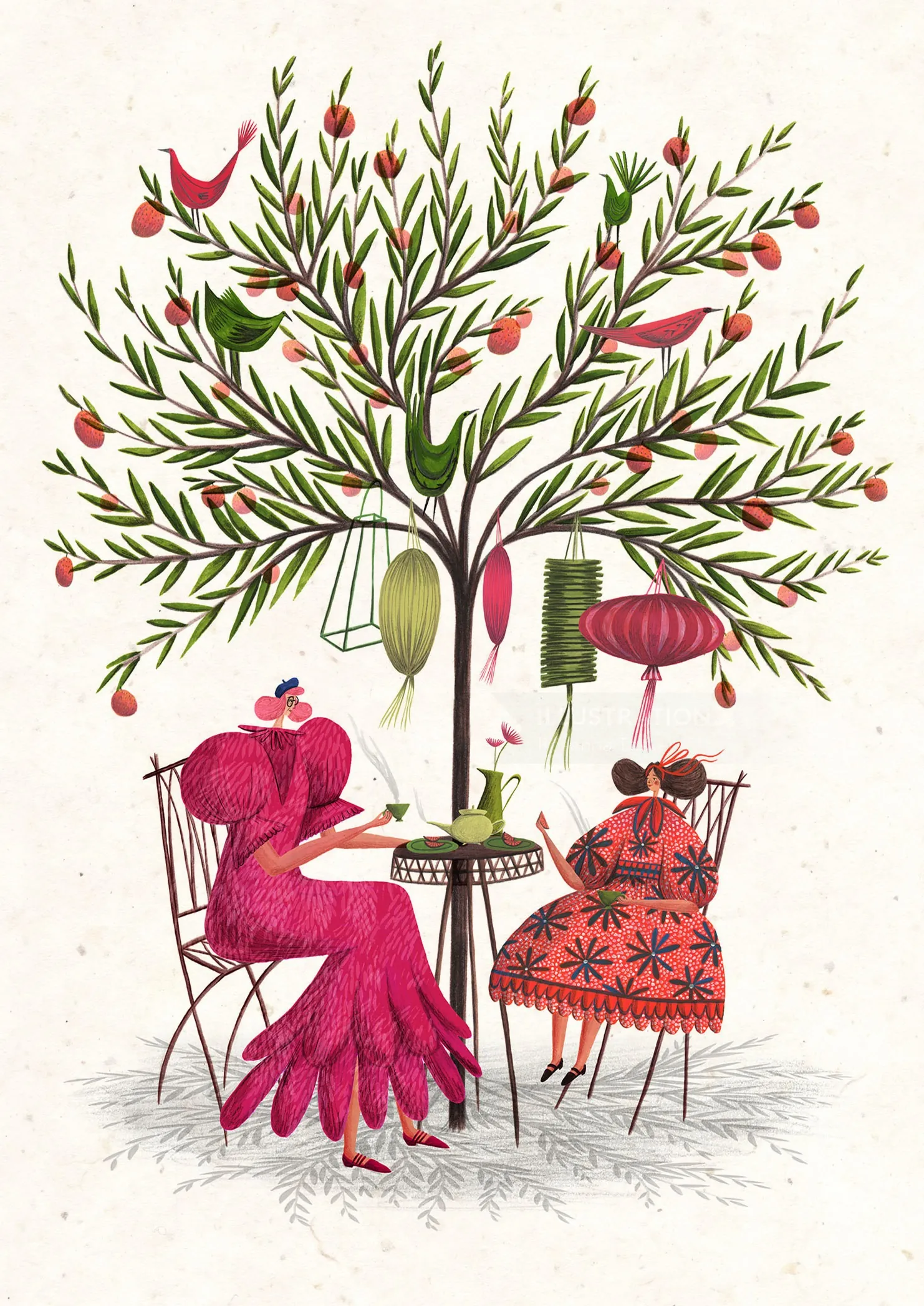 Rosanna Tasker Illustration von zwei Frauen, die unter einem Baum mit Laternen und Vögeln sitzen.