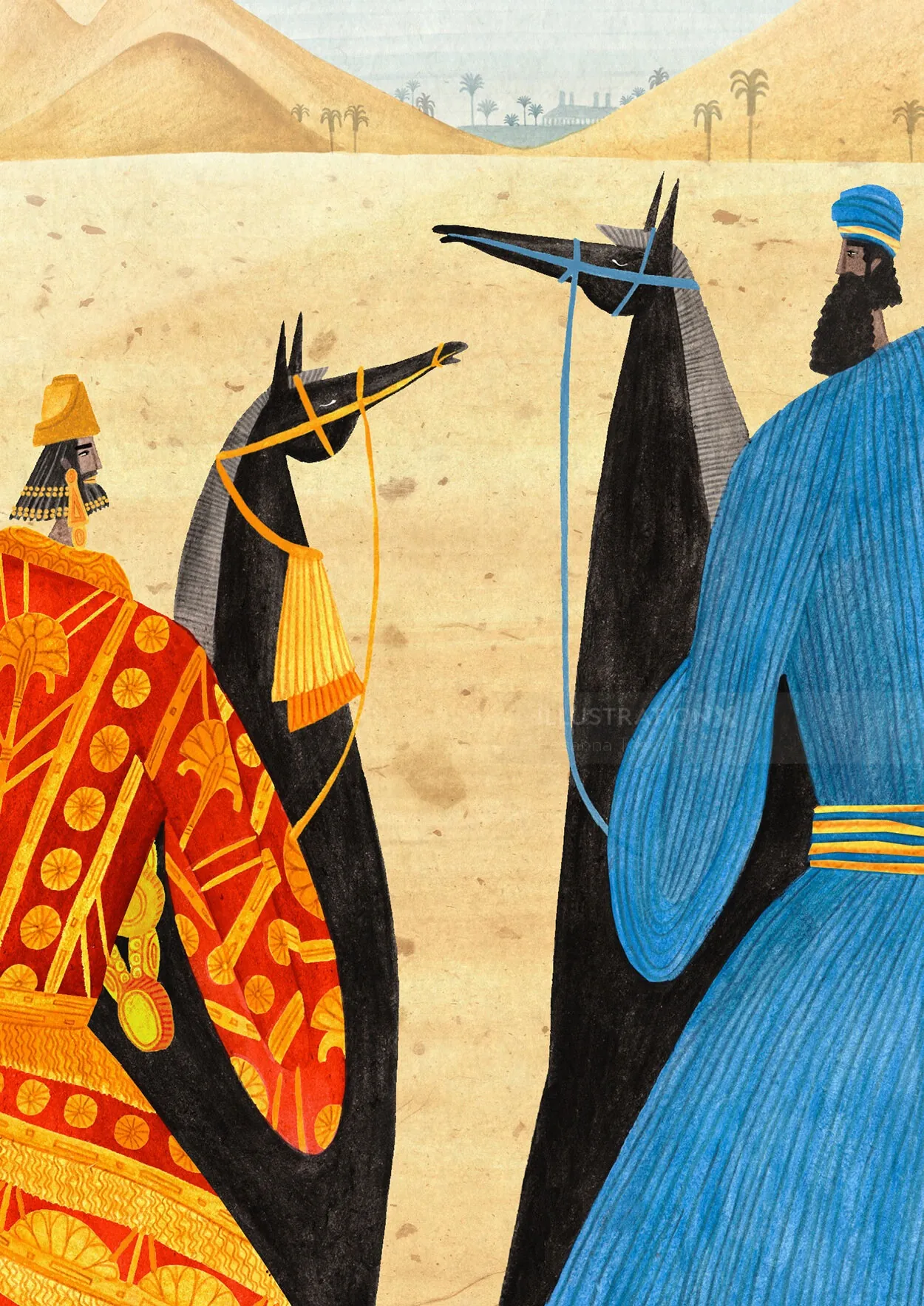 Rosanna Taskers Illustration von Reitern und Tieren in einer Wüste