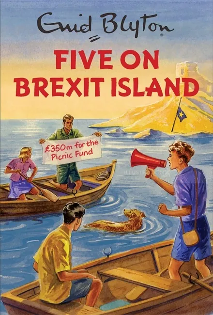 Portada de libro de estilo vintage con barcos y pancarta del Brexit por Ruth Palmer