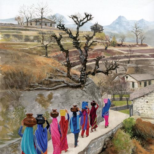 painting of ladies carrying pots on their heads