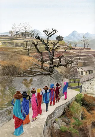 painting of ladies carrying pots on their heads