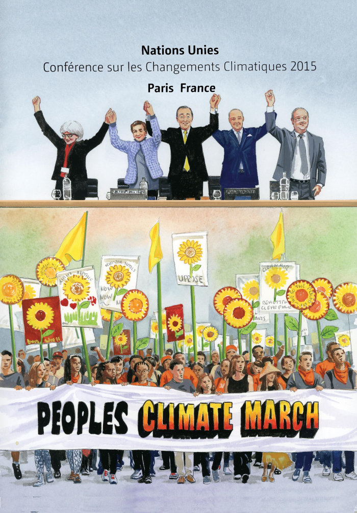 Diseño de cartel retro de marcha climática de personas.