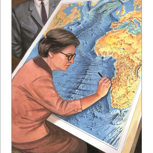 Woman drawing on a large world map with man watching, by Ruth Palmer