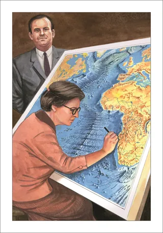Woman drawing on a large world map with man watching, by Ruth Palmer