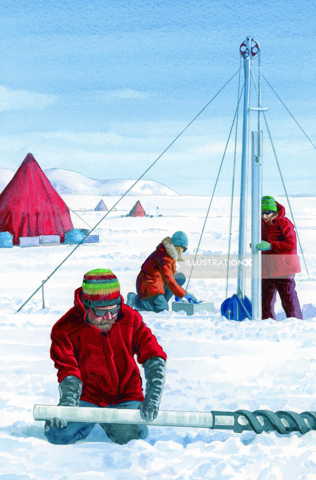 Pessoas no acampamento de inverno ilustração