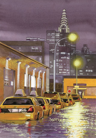 Una pintura realista de una ciudad inundada por la lluvia.