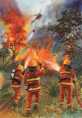 消防士が森林火災を消火するポスター