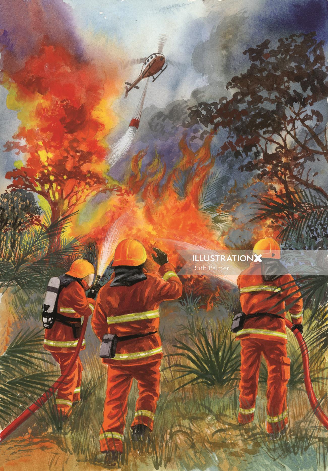 消防士が森林火災のポスターを消火する