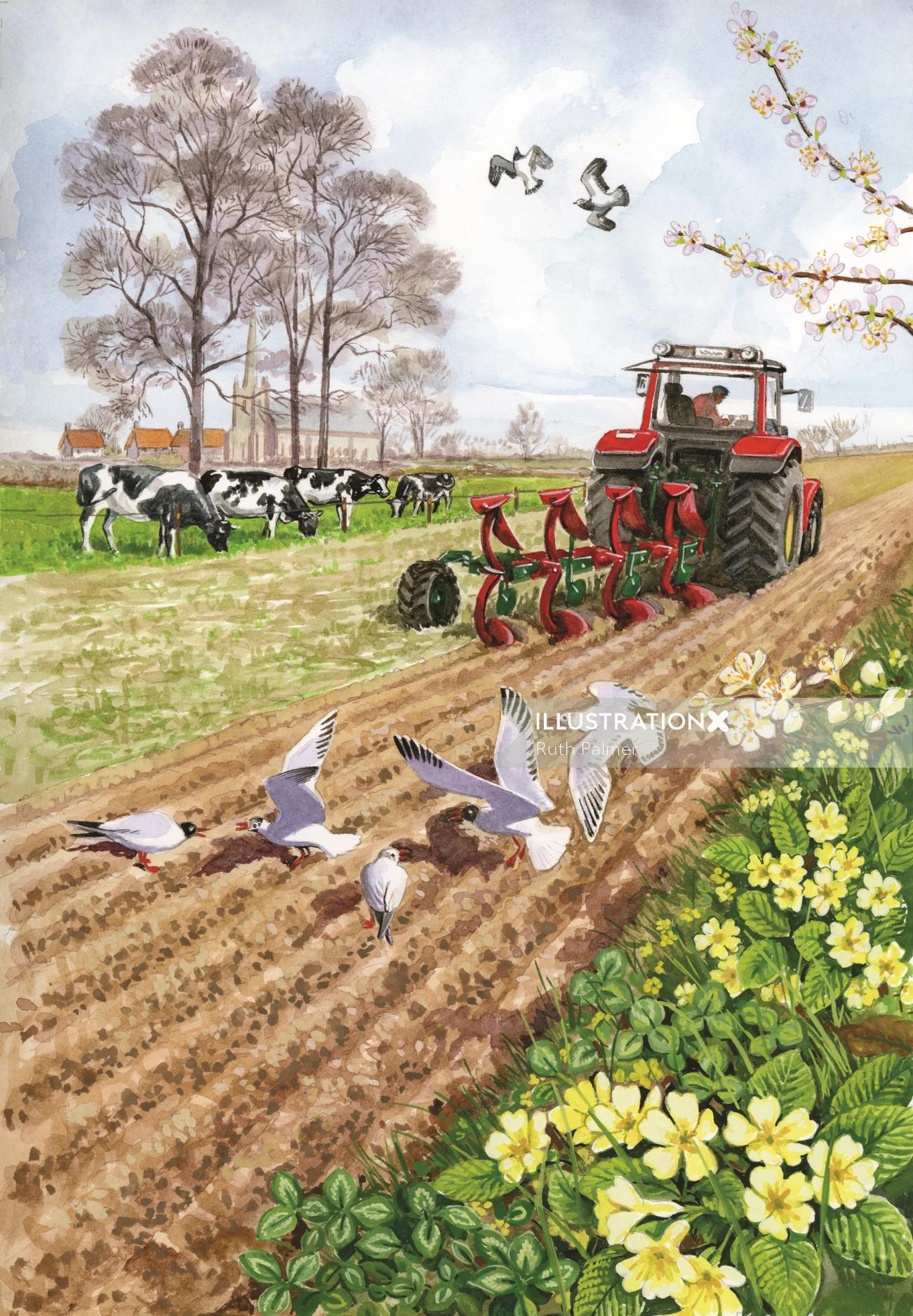 Ilustração de agricultura para o livro de verão de Ladybird