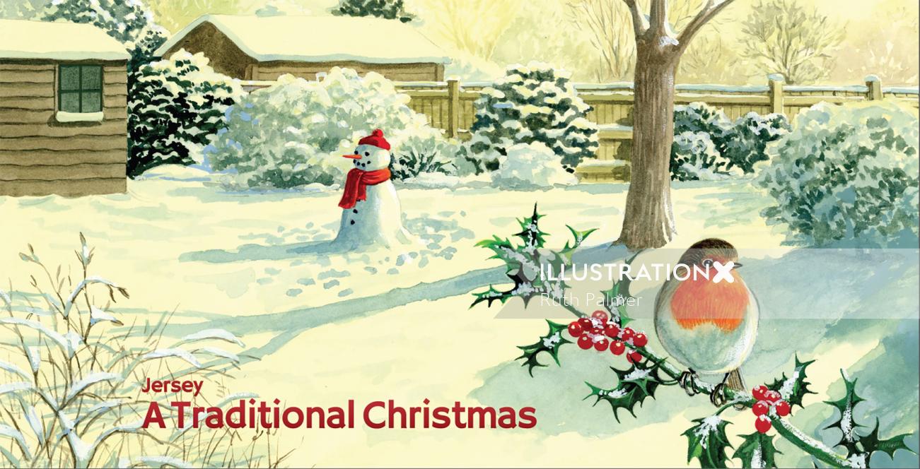 Robin em uma ilustração de Natal de azevinho no inverno