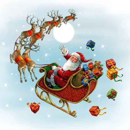 Sansburys Gouache illustration santa and sleigh
