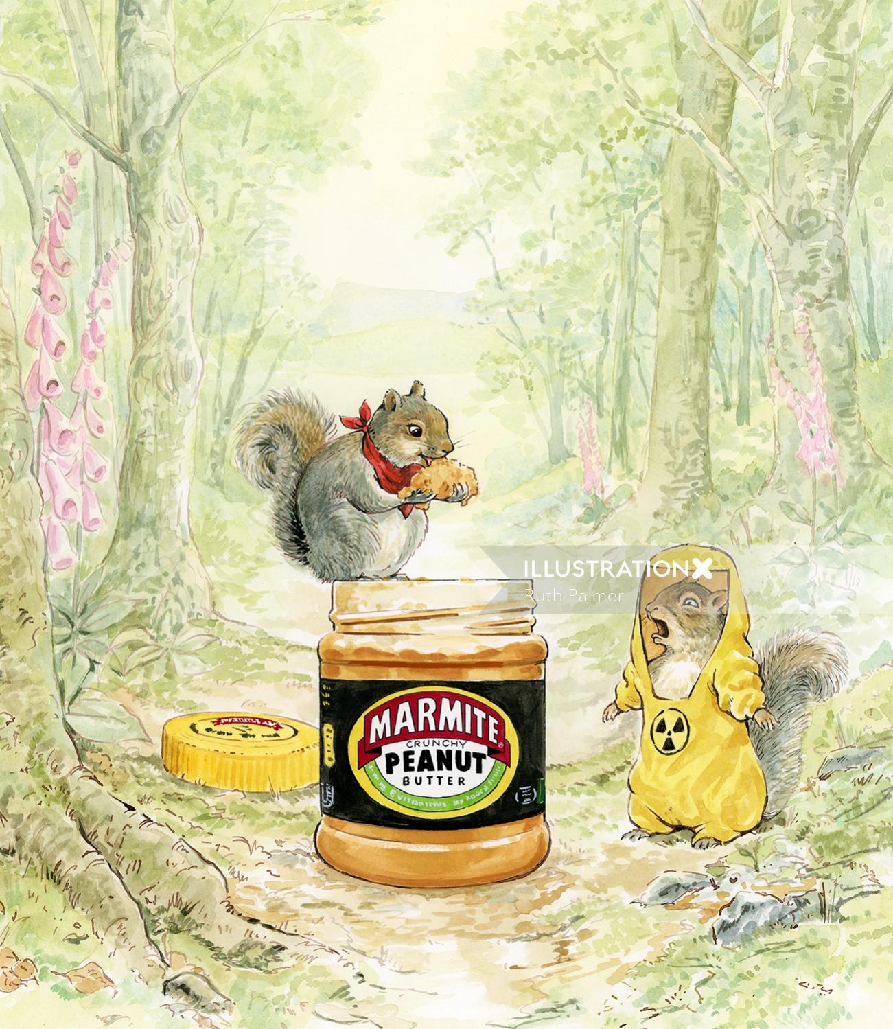Ilustração publicitária de manteiga de amendoim Marmite