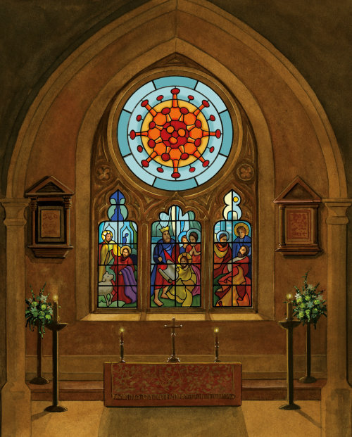Covid design stained glass window for Telegraph Magazine