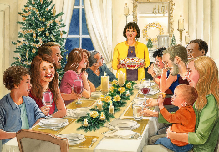 Vacaciones de Navidad reunión familiar estilo pictórico.