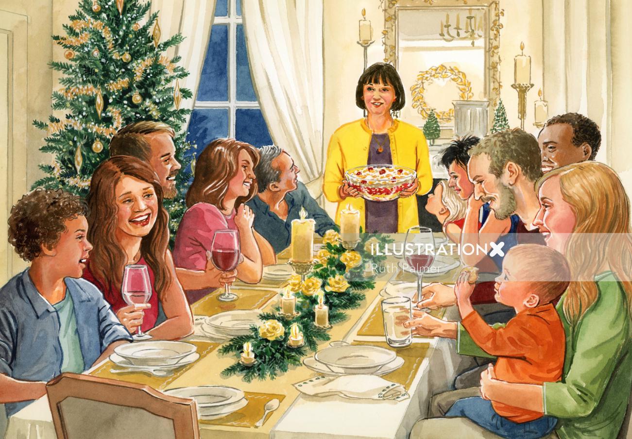 Férias de Natal reunidas em família em estilo pictórico