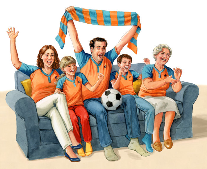 Pastiche illustration of Family watching the match on tv