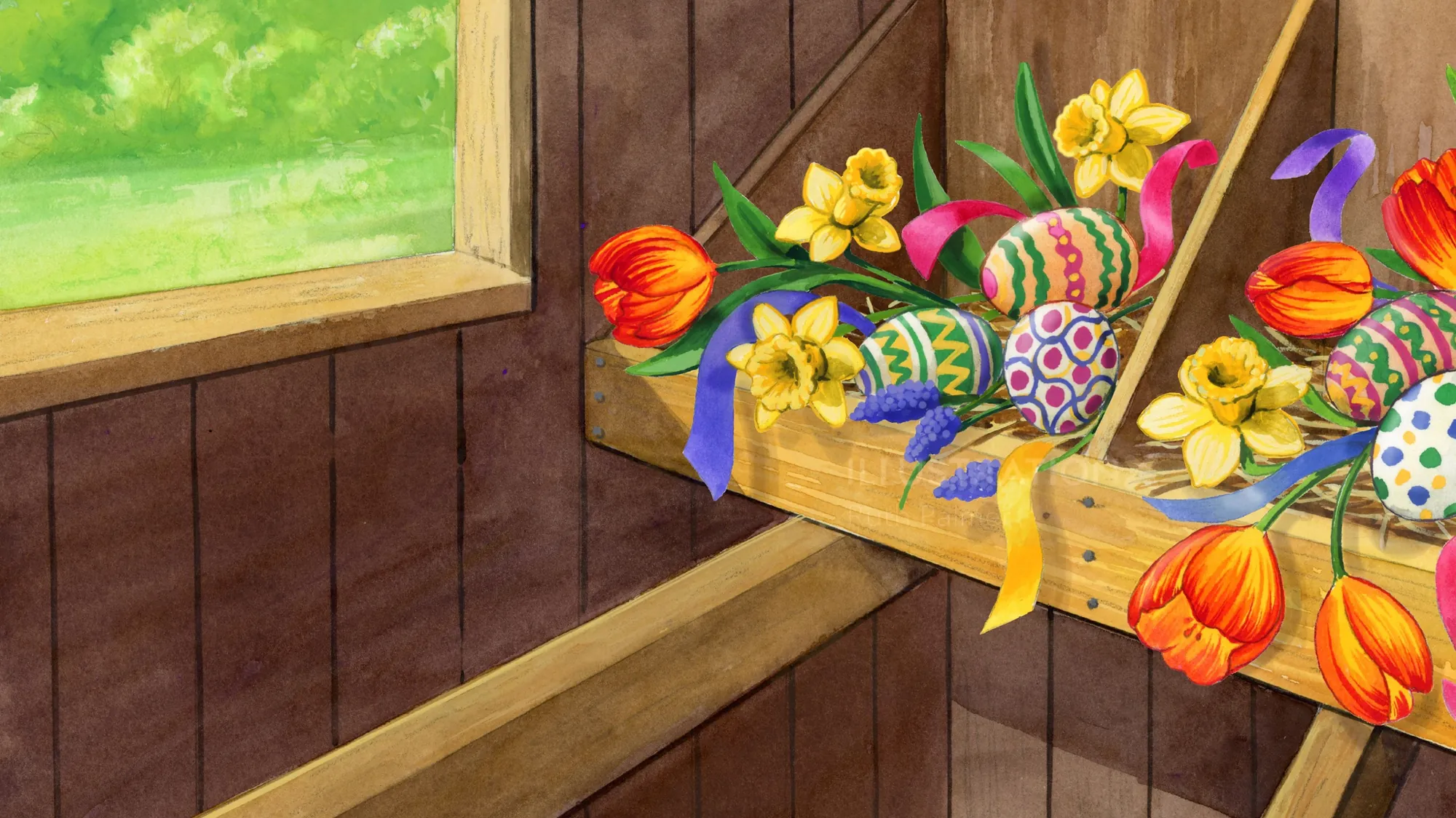 Decorated Easter eggs and spring flowers on wooden shelf by Ruth Palmer