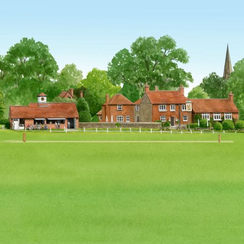English village with sheep in green field by Ruth Palmer
