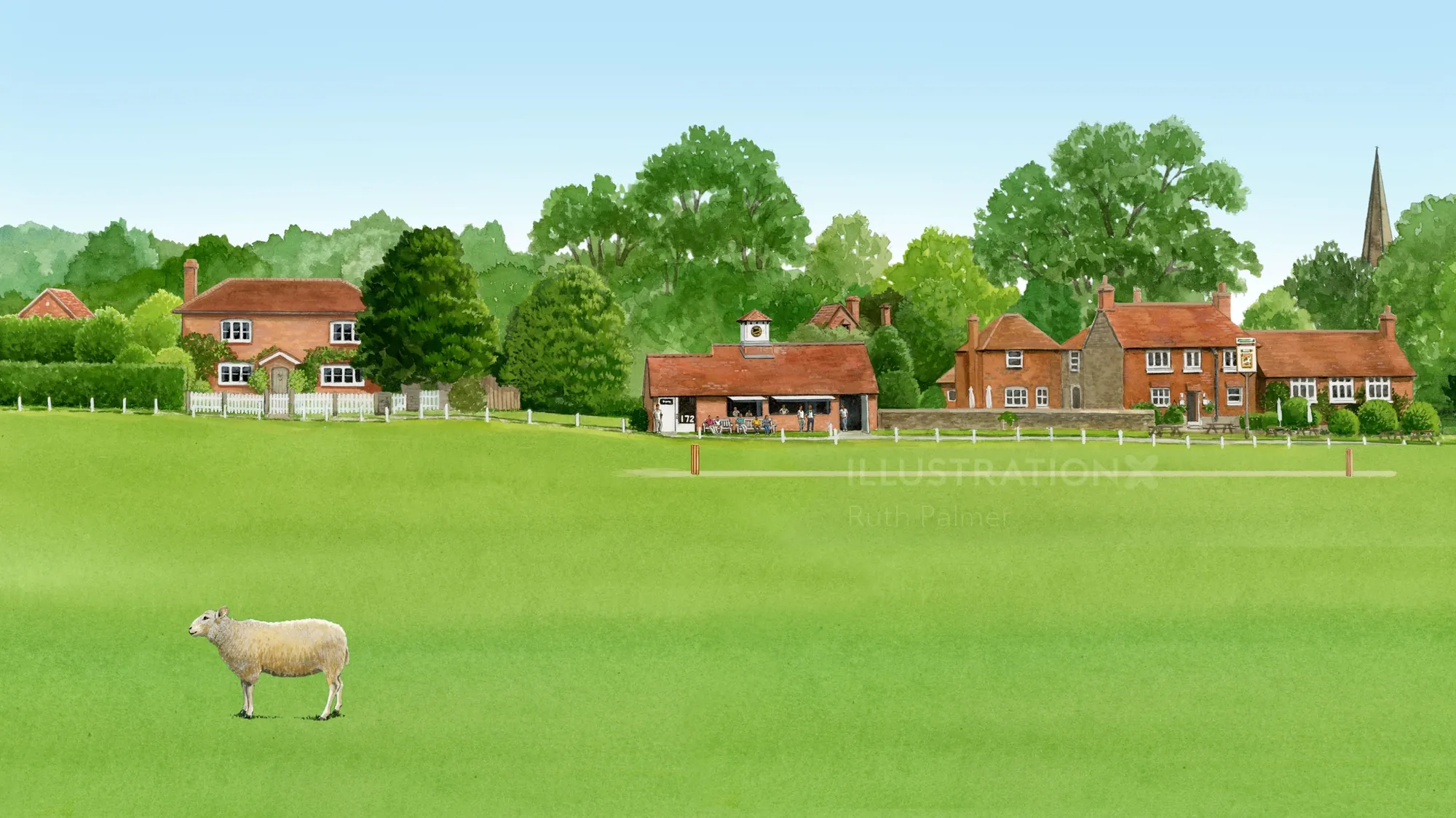 English village with sheep in green field by Ruth Palmer