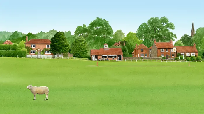 English village with sheep in green field by Ruth Palmer