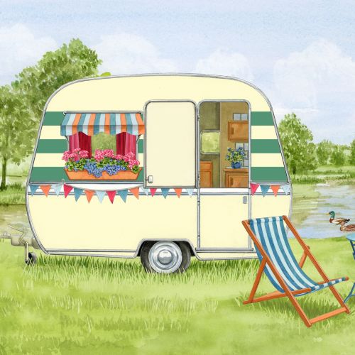 Vintage caravan with deck chairs and table by a lake, illustrated by Ruth Palmer