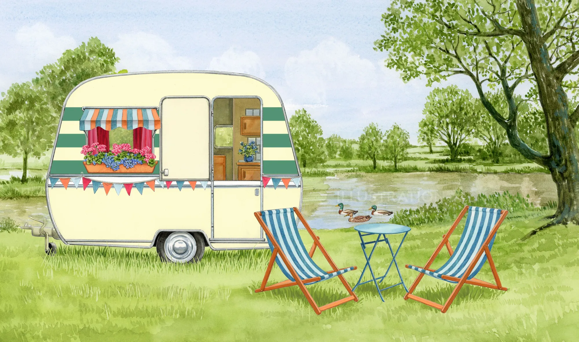 Vintage-Wohnwagen mit Liegestühlen und Tisch an einem See, illustriert von Ruth Palmer