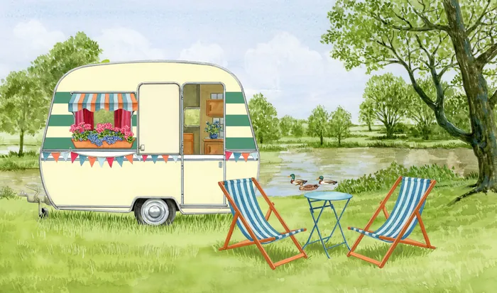 Vintage caravan with deck chairs and table by a lake, illustrated by Ruth Palmer