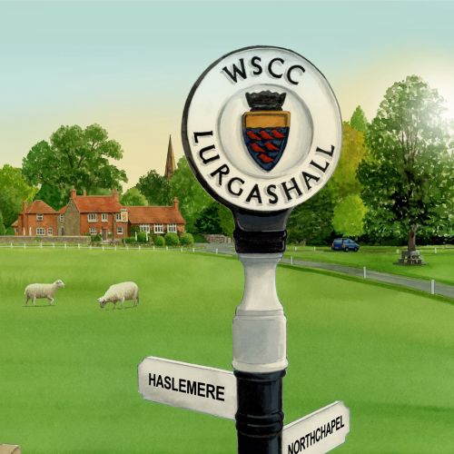 Haslemere village green with grazing sheep near signpost by Ruth Palmer