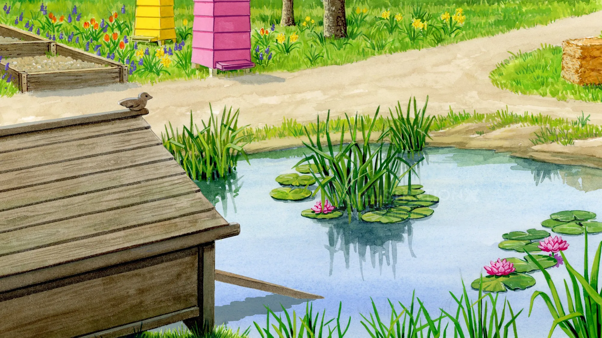 Gartenteich mit Seerosen und Grünpflanzen von Ruth Palmer