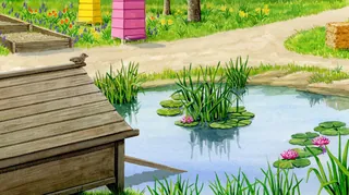 Garden pond with water lilies and greenery by Ruth Palmer