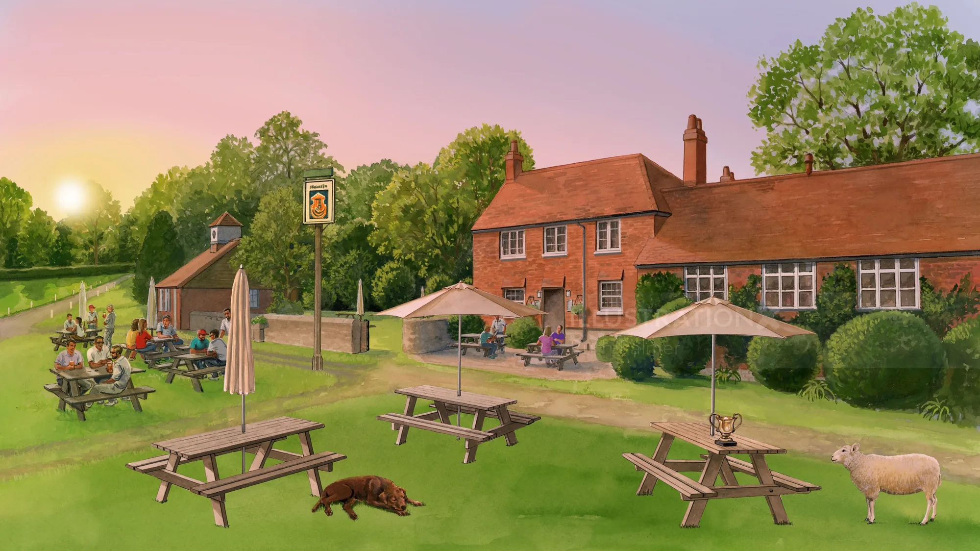 Ländlicher Biergarten mit Picknicktischen, Menschen und Hunden bei Sonnenuntergang von Ruth Palmer