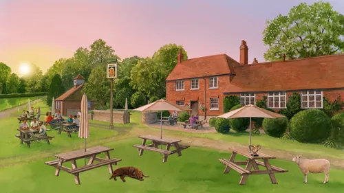 Countryside pub garden with picnic tables, people, and dogs at sunset by Ruth Palmer